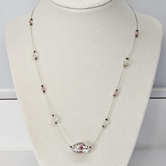 VINTAGE Dainty 14/20 14KT Gold-Filled Glass Floral Lampwork Bead Necklace - Picture 1 of 7